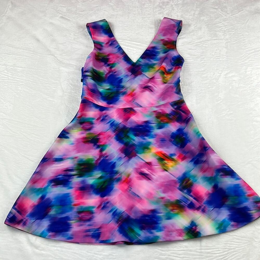Felicity and Coco pink and blue watercolor fit‎ and flare dress, size small